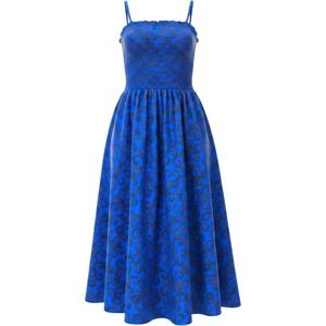 African Wax Block Print Smocked Maxi Dress Blue Swirl Spaghetti Strap Cotton